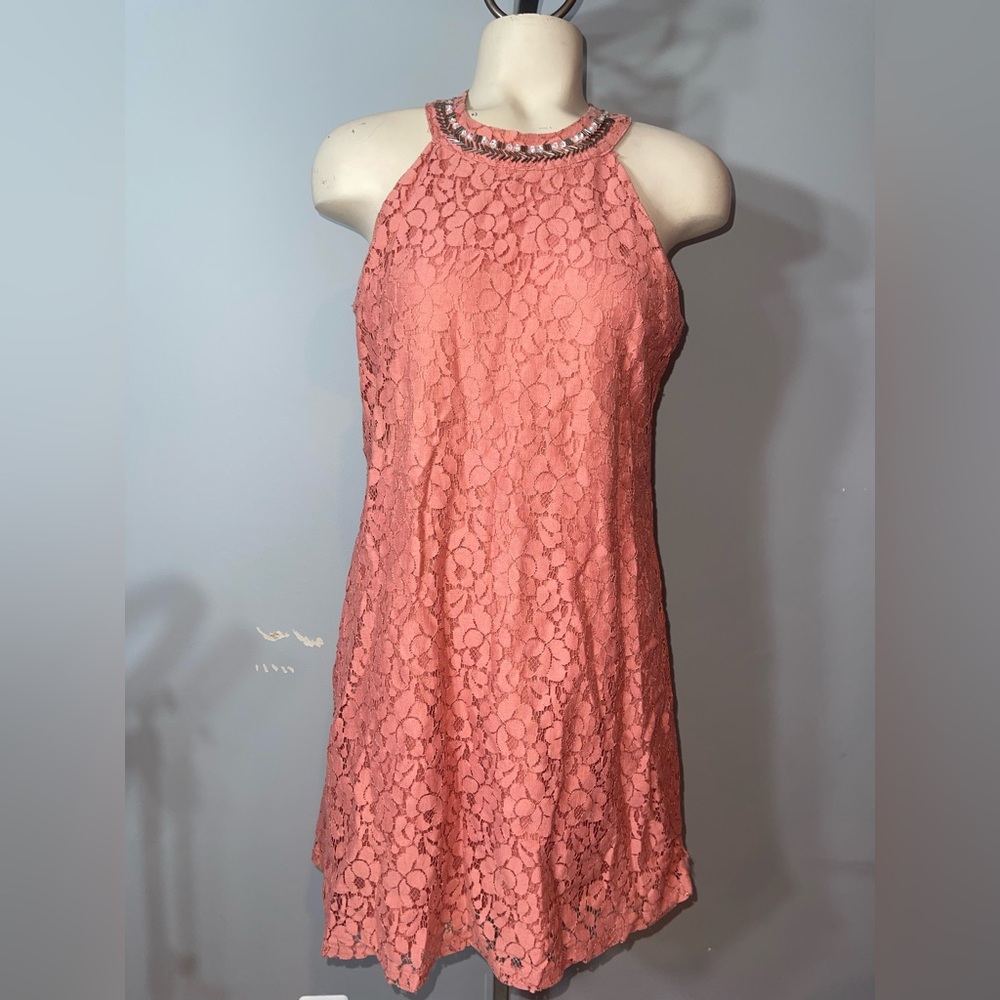 Candies lace halter mini dress beaded detail woman’s size small dark pink coral